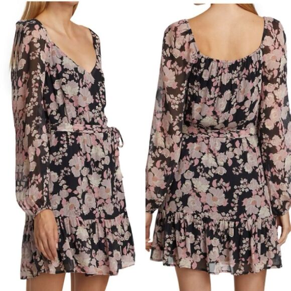 Paige Simi Mini Black Dress Floral Blouse Wrap Size L - Picture 8 of 13